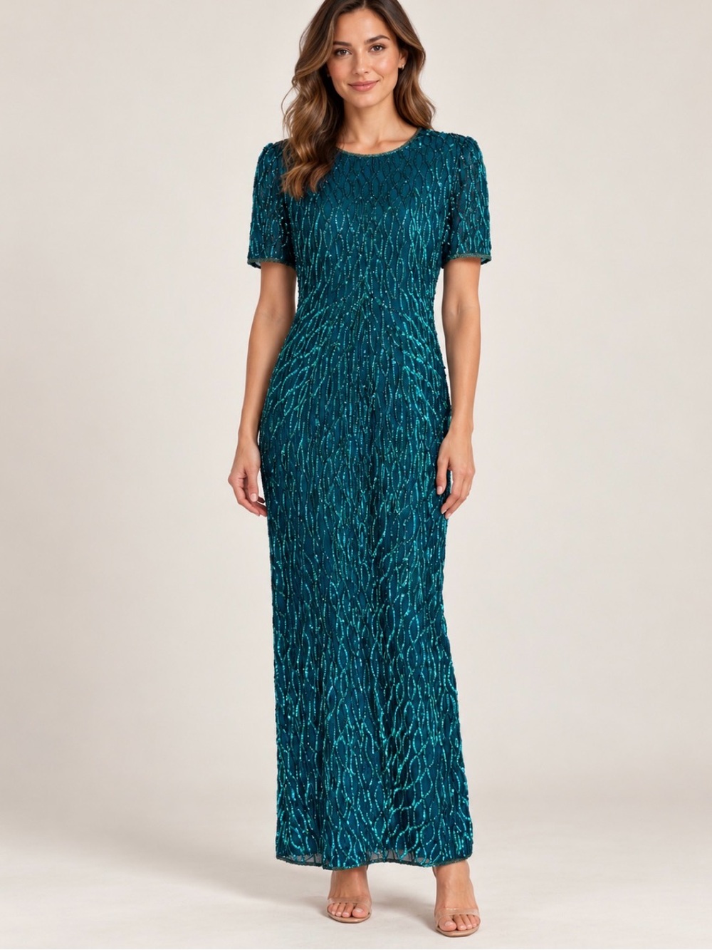 Laurence Kazar Teal Beaded Short-Sleeve Maxi Dress